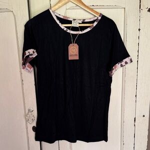 Grace & Emma Black Short Sleeve Tee with Pink Printed Trim